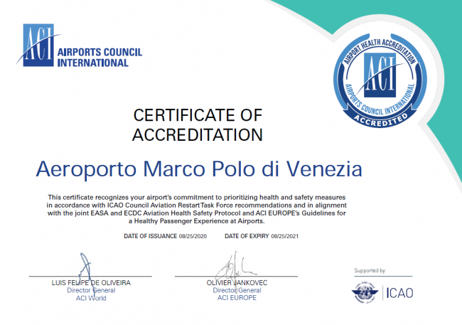 Aeroporto Marco Polo di Venezia, ricevuto l'Airport Health Accreditation di ACI