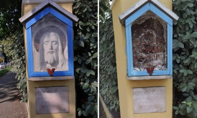 Straniero distrugge la statua del Cristo tra le vie Ulloa e Rizzardi a Marghera