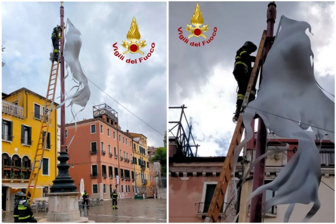 Il vento forte distrugge un’installazione della Biennale a Venezia