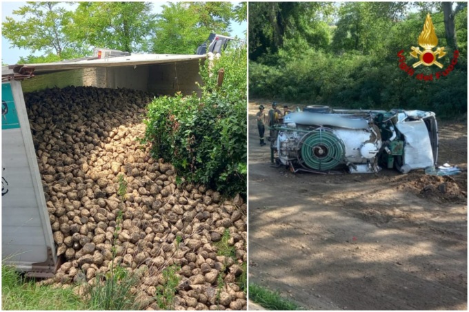 Due camion ribaltati nel Veneziano, uno ha bucato una gomma ed è finito nella golena di un fiume