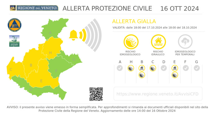 Allerta gialla in Veneto: piogge intense a Venezia e in provincia, criticità idrogeologica e idraulica