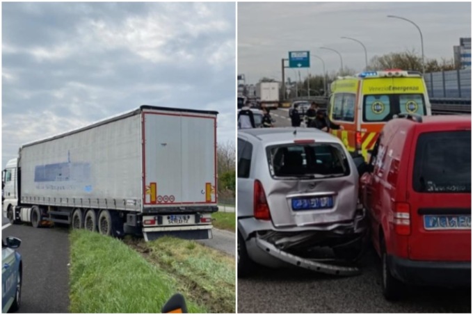 Autoarticolato fuori strada in A4 e maxi tamponamento in Tangenziale a Mestre