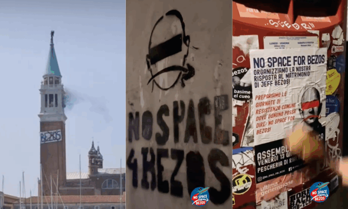“No Space for Bezos”, striscione sul campanile di San Giorgio contro le nozze a Venezia del proprietario Amazon