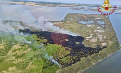 Sterpaglie in fiamme su un isolotto tra Punta Fusina e Isola dei Maltesi
