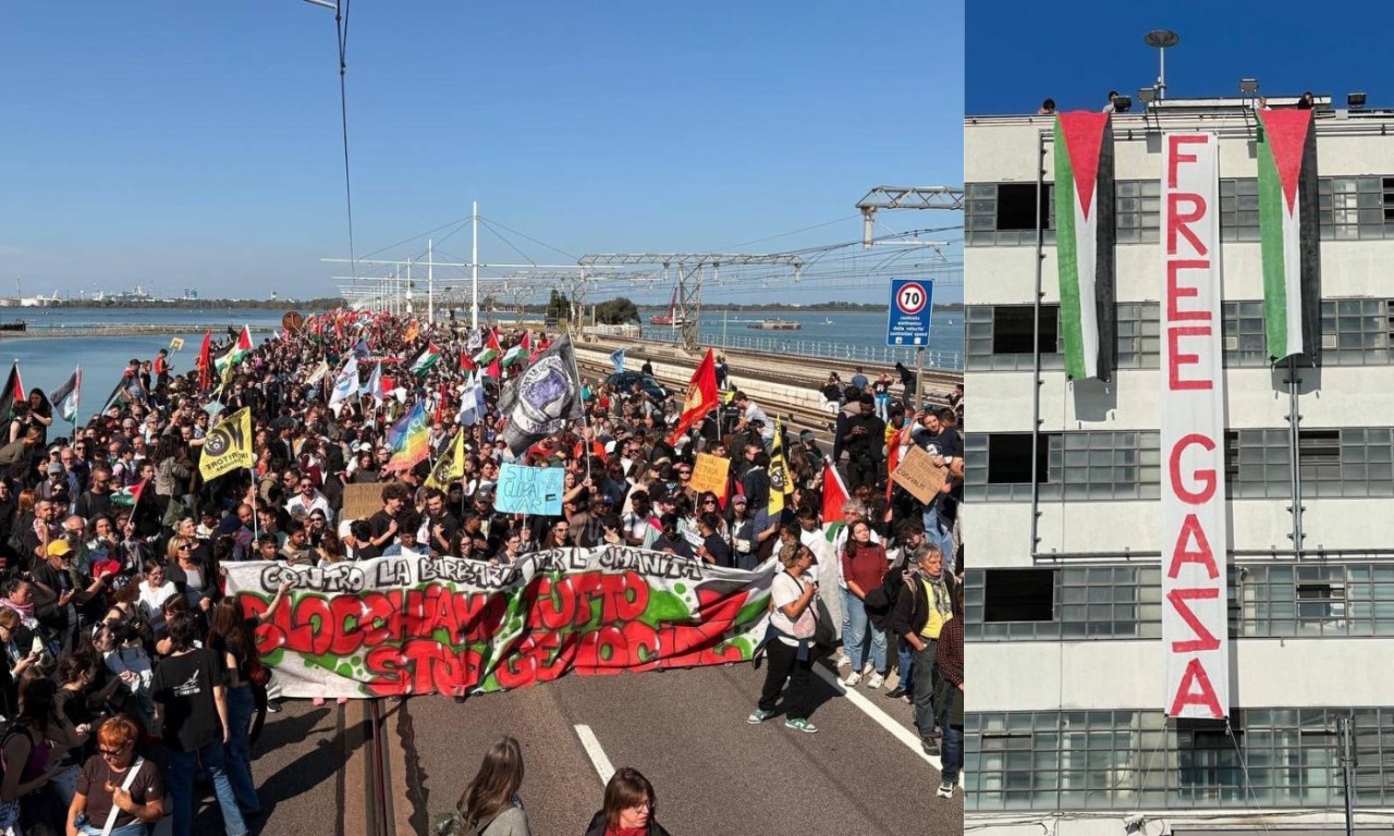 Sciopero generale per Gaza e la Flotilla, 25mila persone in due cortei bloccano il Ponte della Libertà a Venezia