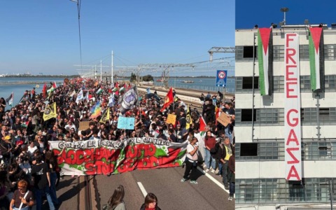 Sciopero generale per Gaza e la Flotilla, 25mila persone in due cortei bloccano il Ponte della Libertà a Venezia
