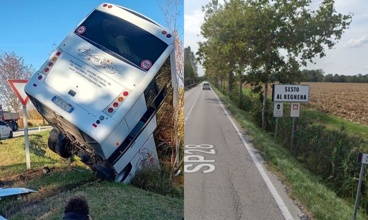 Bus con studenti da Portogruaro si scontra con un’auto e finisce in un fosso: grave la conducente, feriti studenti e autista
